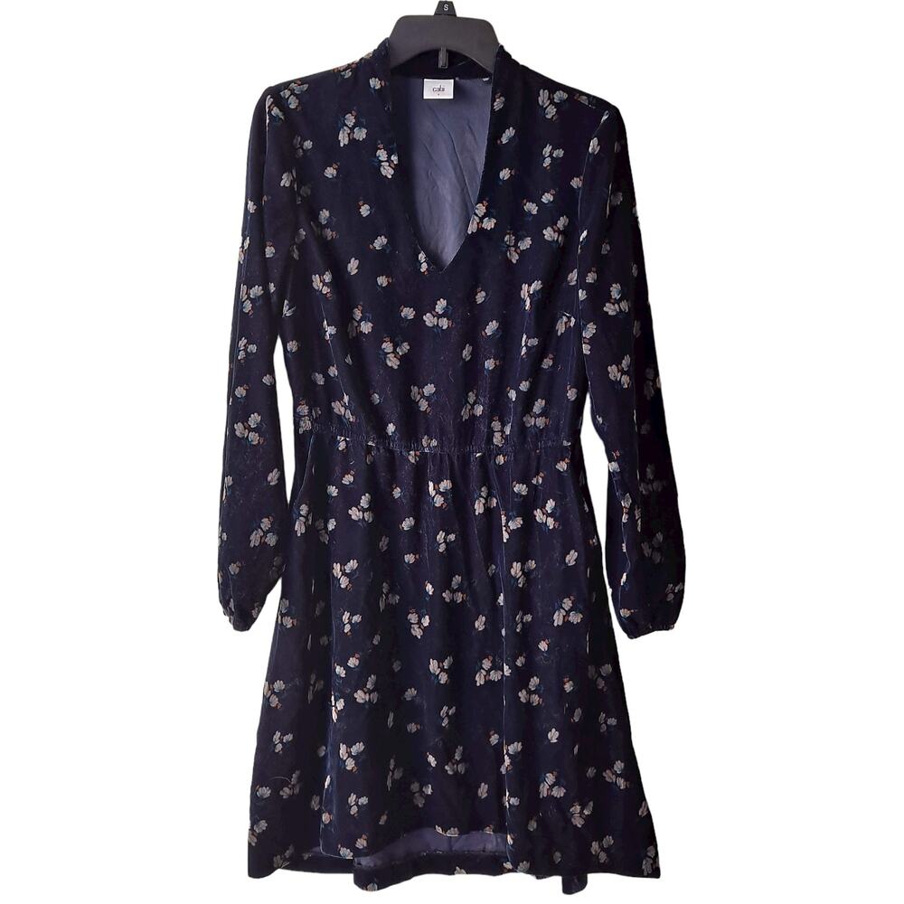 Cabi Floral Navy Velvet V-neck Long Sleeve Dress in Size S